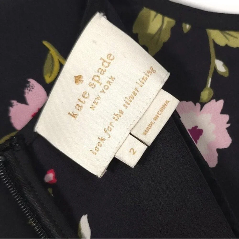 Kate Spade‎ 100% SILK In Bloom Ruffle Dress Women’s Size 2 Black Floral